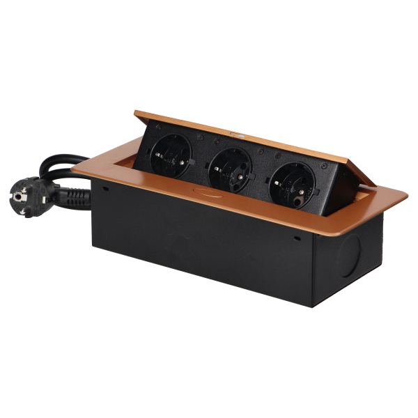 Recessed furniture sockets in a housing with a flat edge and a 1.5 m cable, 3x2P+E (Schuko), gold