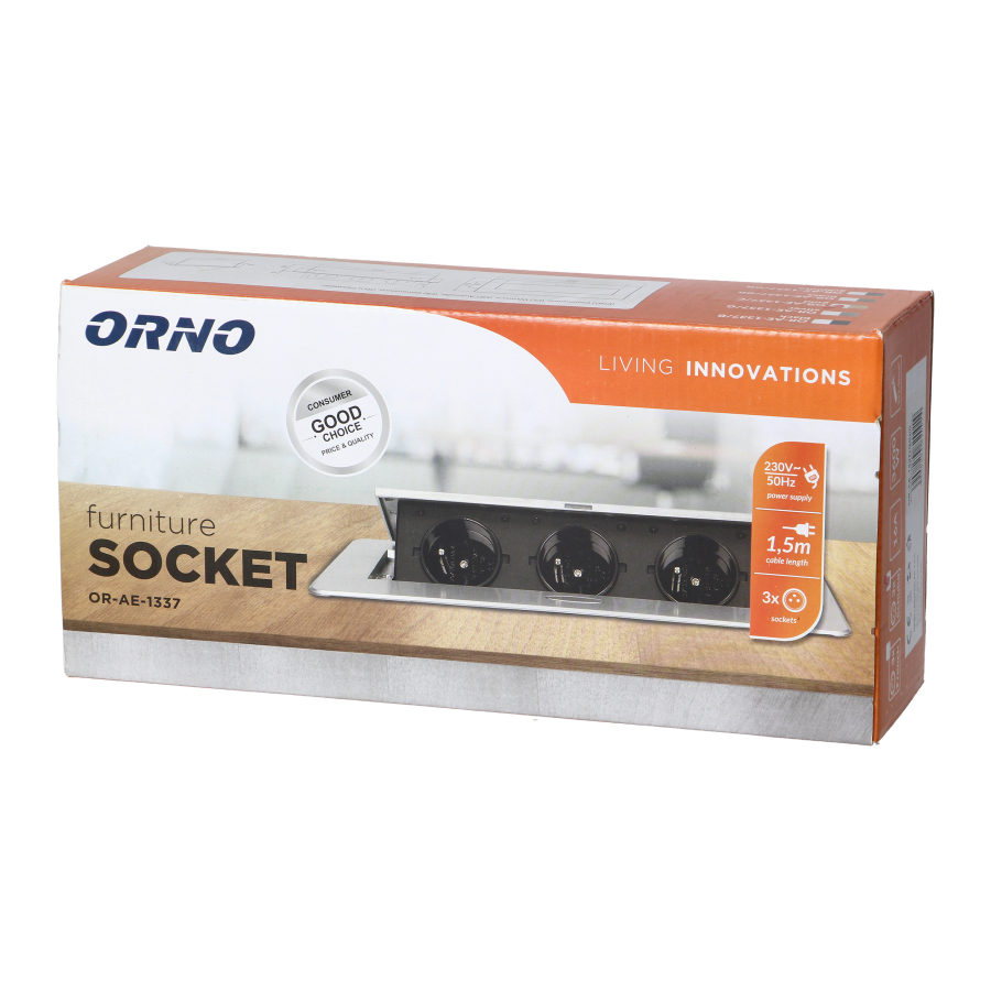 Recessed furniture sockets in a housing with a flat edge and a 1.5 m cable, 3x2P+E (Schuko), gold