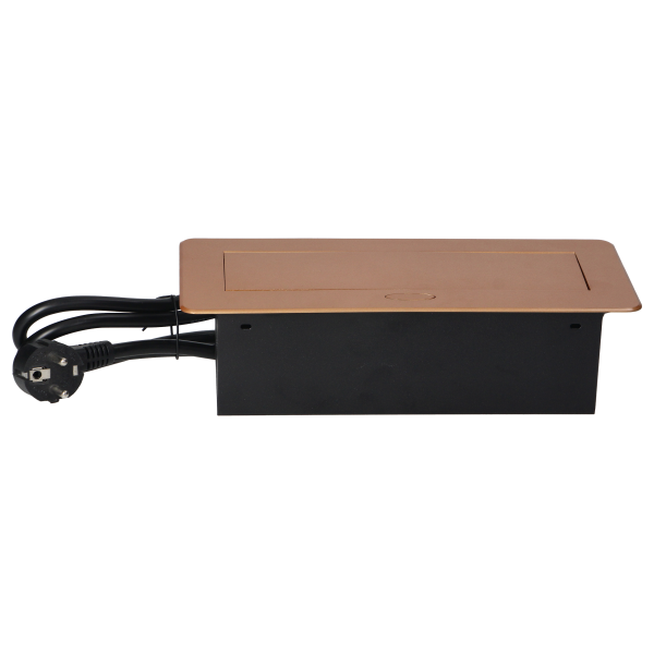 Recessed furniture sockets in a housing with a flat edge and a 1.5 m cable, 3x2P+E (Schuko), gold