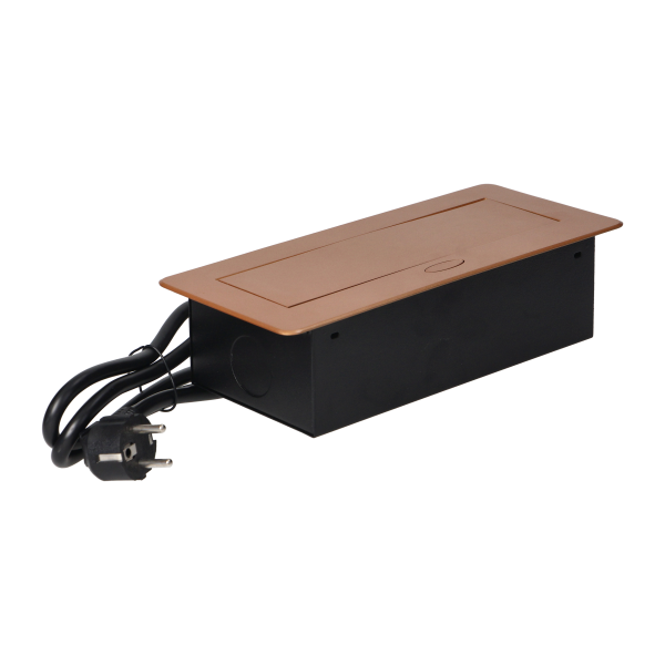 Recessed furniture sockets in a housing with a flat edge and a 1.5 m cable, 3x2P+E (Schuko), gold