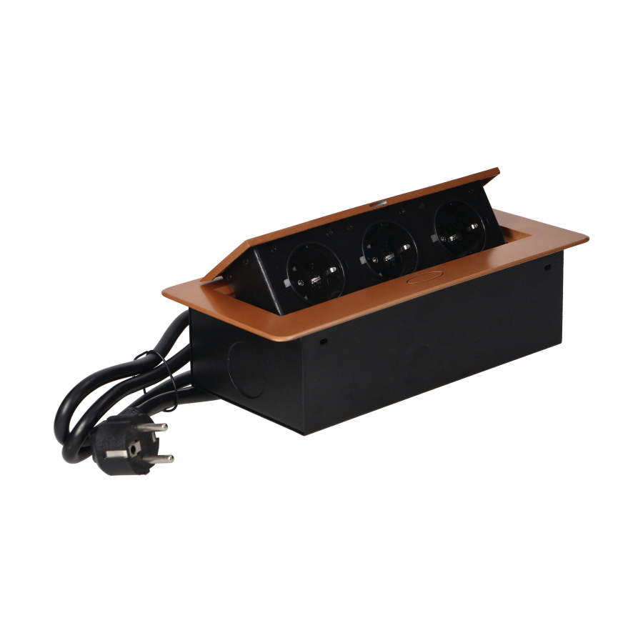 Recessed furniture sockets in a housing with a flat edge and a 1.5 m cable, 3x2P+E (Schuko), gold