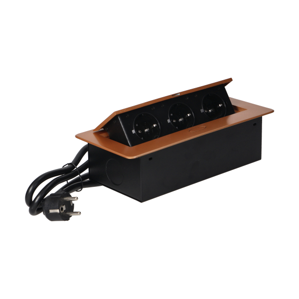 Recessed furniture sockets in a housing with a flat edge and a 1.5 m cable, 3x2P+E (Schuko), gold