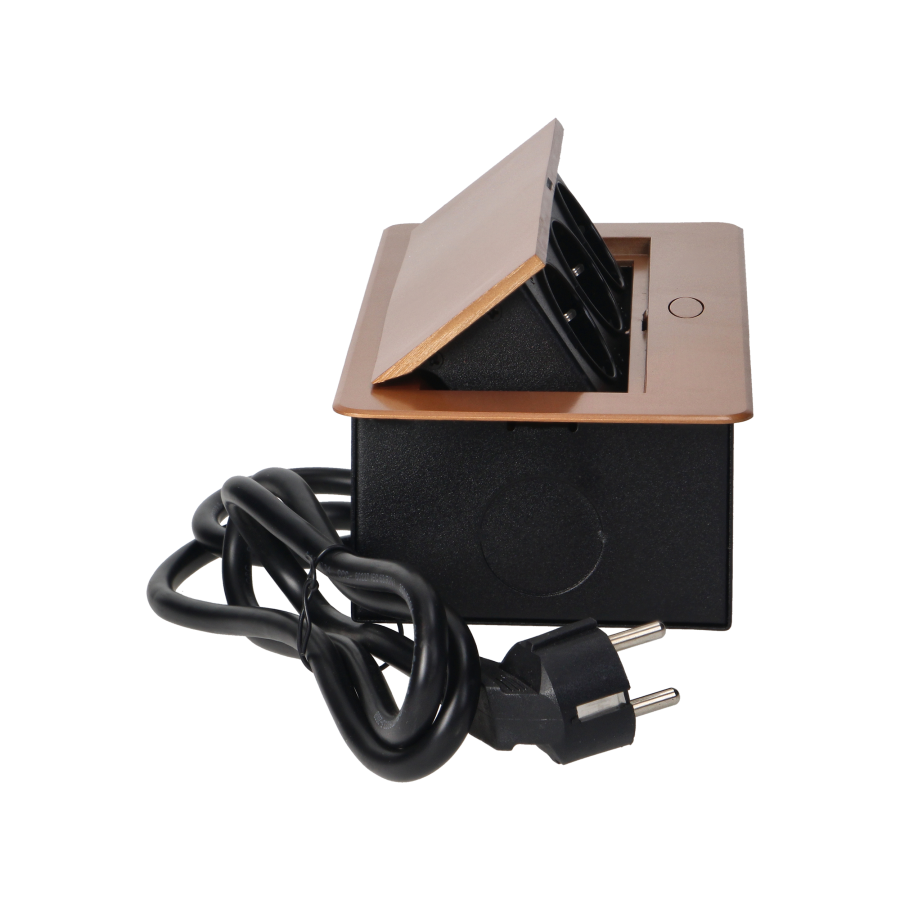 Recessed furniture sockets in a housing with a flat edge and a 1.5 m cable, 3x2P+E (Schuko), gold