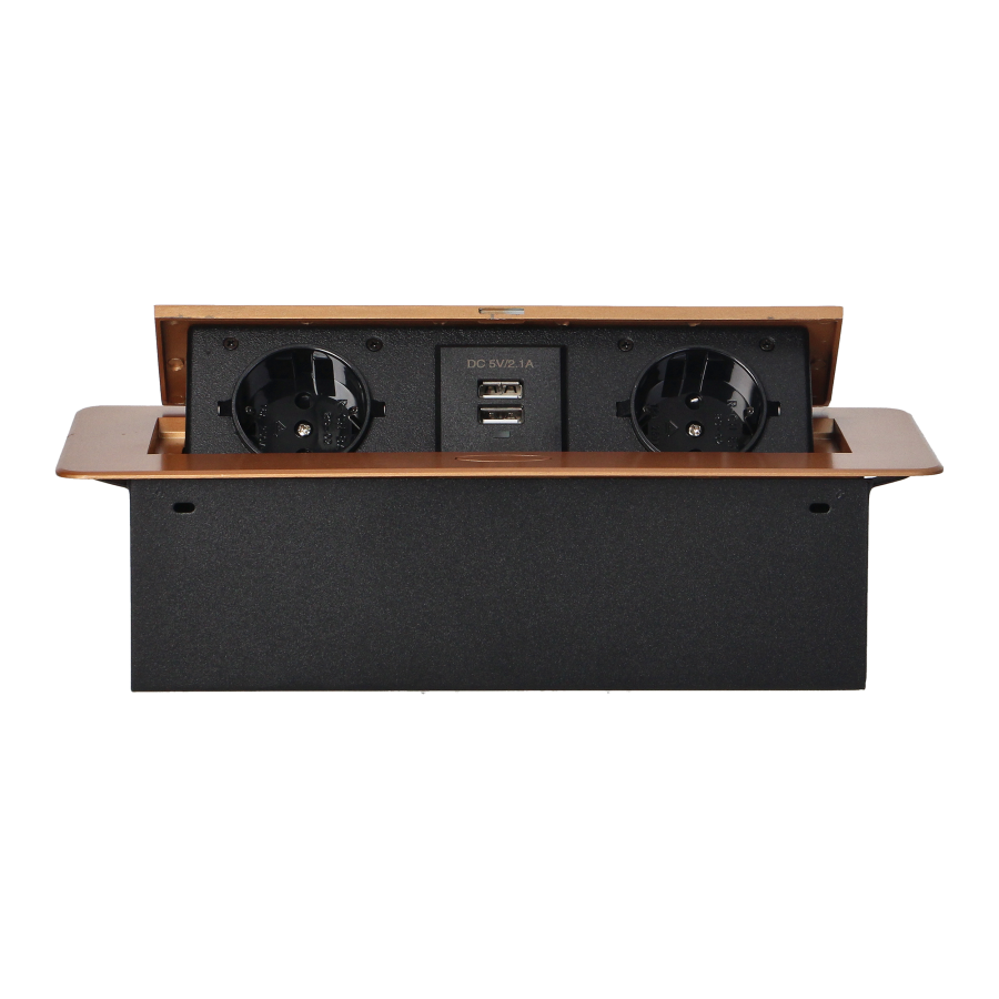 Recessed furniture sockets in a housing with a flat edge and USB charger, 2x2P+E (Schuko), 2xUSB, gold