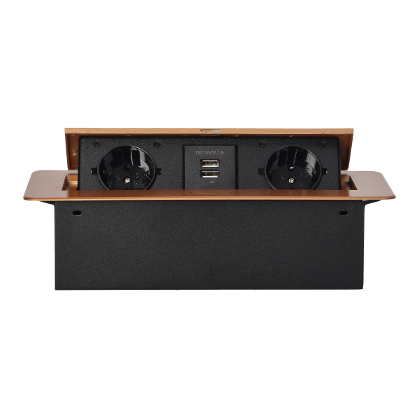 Recessed furniture sockets in a housing with a flat edge and USB charger, 2x2P+E (Schuko), 2xUSB, gold