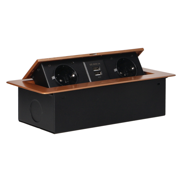 Recessed furniture sockets in a housing with a flat edge and USB charger, 2x2P+E (Schuko), 2xUSB, gold