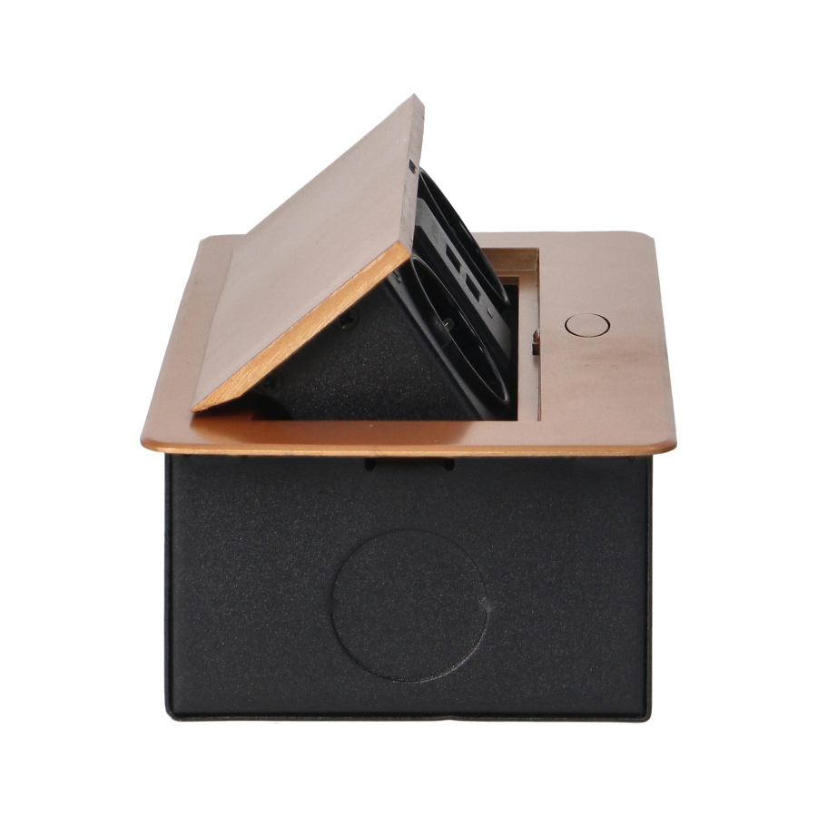 Gniazda meblowe wpuszczane w blat z płaskim frezowanym rantem i ładowarką USB, 2x2P+Z (Schuko), 2xUSB, złote