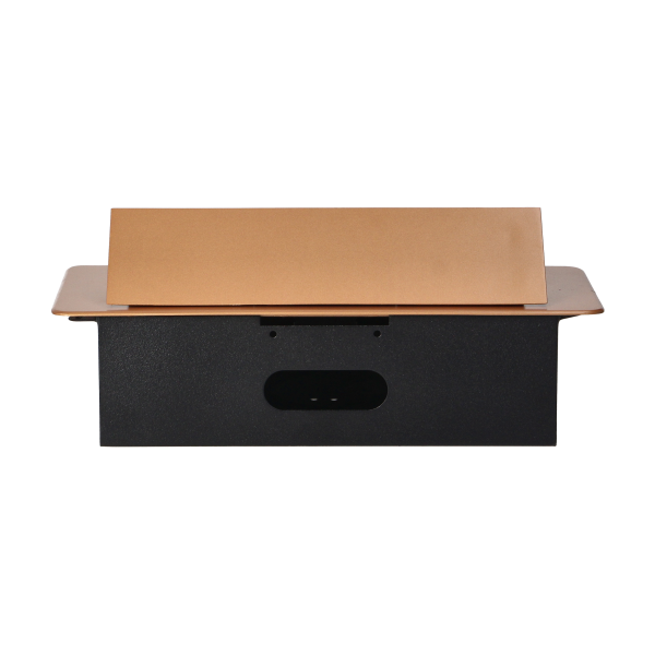 Recessed furniture sockets in a housing with a flat edge and USB charger, 2x2P+E (Schuko), 2xUSB, gold