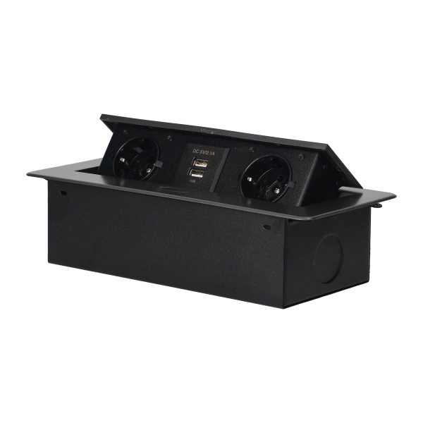 Gniazda meblowe wpuszczane w blat z płaskim frezowanym rantem i ładowarką USB, 2x2P+Z (Schuko), 2xUSB, grafit