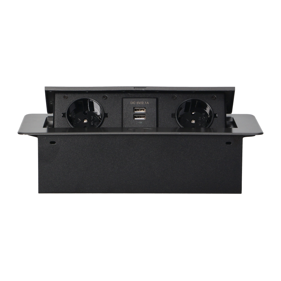 Gniazda meblowe wpuszczane w blat z płaskim frezowanym rantem i ładowarką USB, 2x2P+Z (Schuko), 2xUSB, grafit