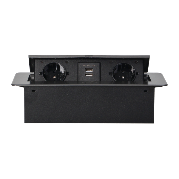 Gniazda meblowe wpuszczane w blat z płaskim frezowanym rantem i ładowarką USB, 2x2P+Z (Schuko), 2xUSB, grafit