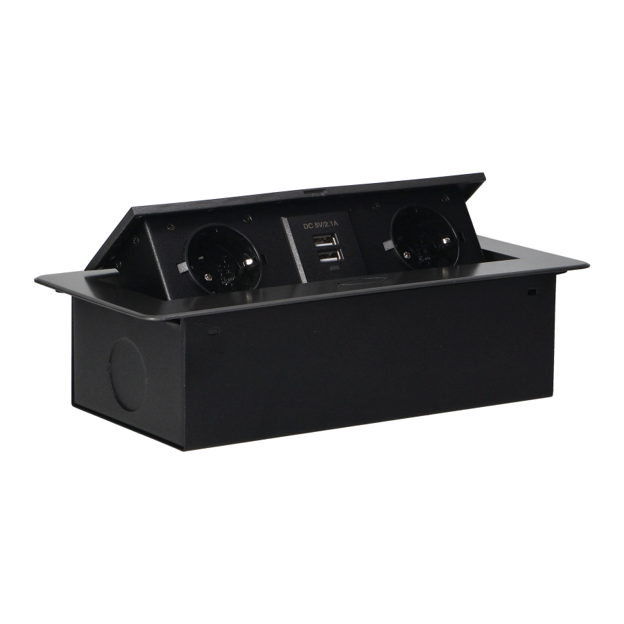 Gniazda meblowe wpuszczane w blat z płaskim frezowanym rantem i ładowarką USB, 2x2P+Z (Schuko), 2xUSB, grafit