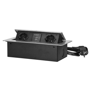 Gniazda meblowe wpuszczane w blat z płaskim frezowanym rantem, ładowarką USB i przewodem 1,5m, 2x2P+Z (Schuko), 2xUSB, srebrne