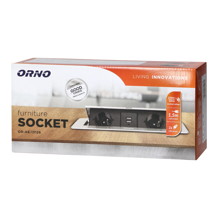 Recessed furniture sockets in a housing with a flat edge, USB charger and 1.5 m cable, 2x2P+E (Schuko), 2xUSB, silver