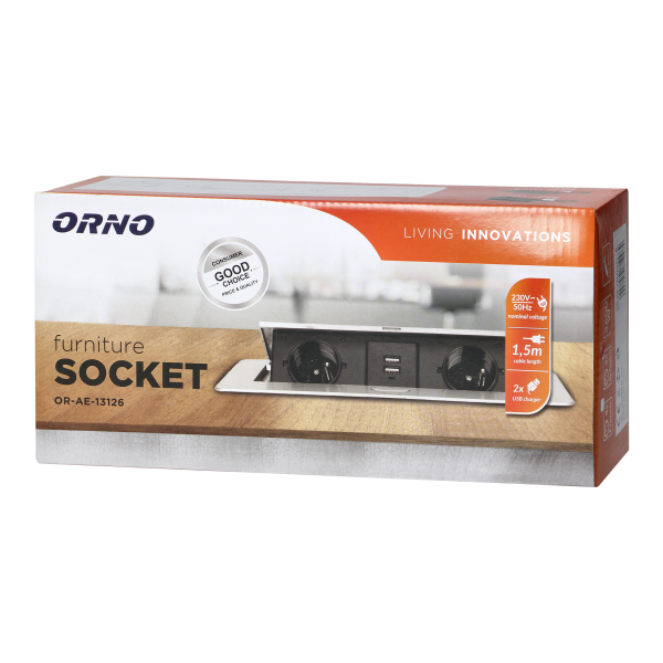 Recessed furniture sockets in a housing with a flat edge, USB charger and 1.5 m cable, 2x2P+E (Schuko), 2xUSB, silver