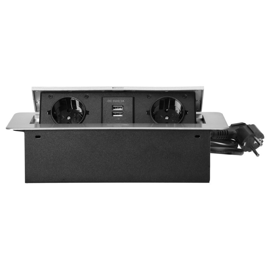 Recessed furniture sockets in a housing with a flat edge, USB charger and 1.5 m cable, 2x2P+E (Schuko), 2xUSB, silver