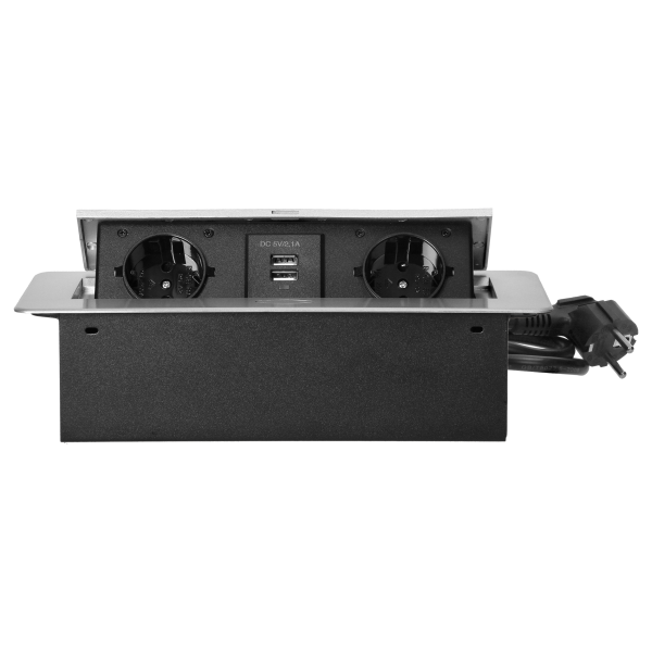 Recessed furniture sockets in a housing with a flat edge, USB charger and 1.5 m cable, 2x2P+E (Schuko), 2xUSB, silver
