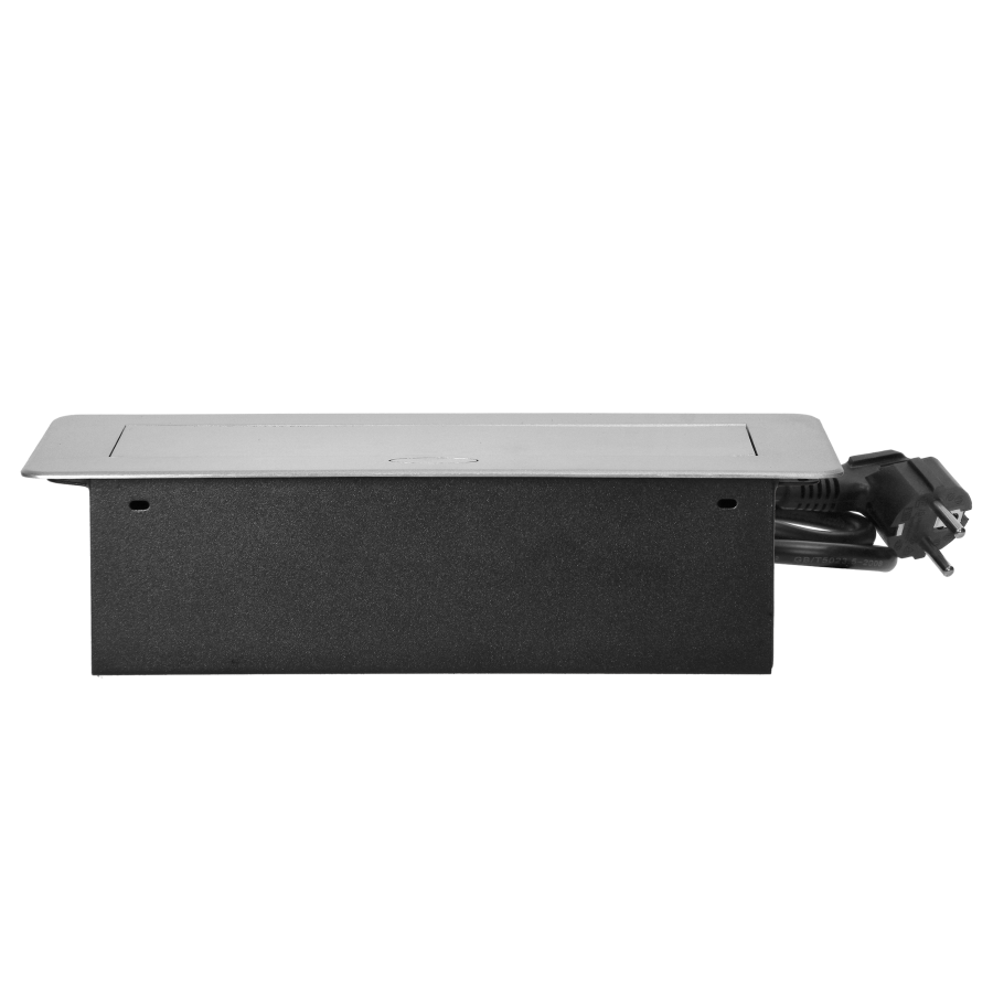 Recessed furniture sockets in a housing with a flat edge, USB charger and 1.5 m cable, 2x2P+E (Schuko), 2xUSB, silver