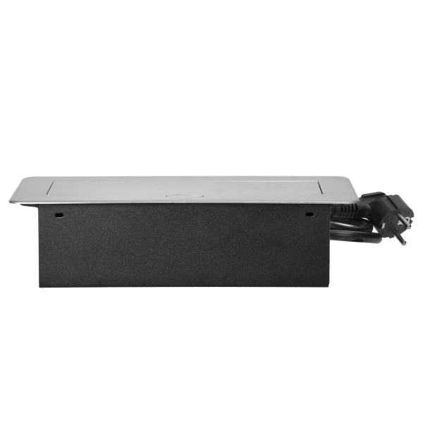 Gniazda meblowe wpuszczane w blat z płaskim frezowanym rantem, ładowarką USB i przewodem 1,5m, 2x2P+Z (Schuko), 2xUSB, srebrne