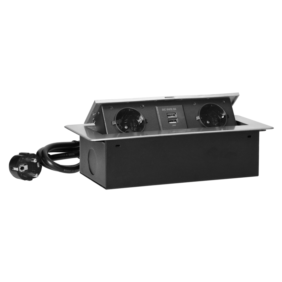 Gniazda meblowe wpuszczane w blat z płaskim frezowanym rantem, ładowarką USB i przewodem 1,5m, 2x2P+Z (Schuko), 2xUSB, srebrne