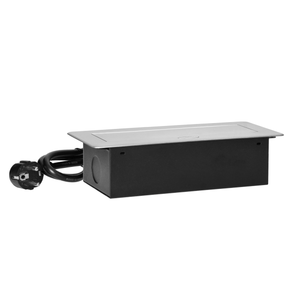 Recessed furniture sockets in a housing with a flat edge, USB charger and 1.5 m cable, 2x2P+E (Schuko), 2xUSB, silver