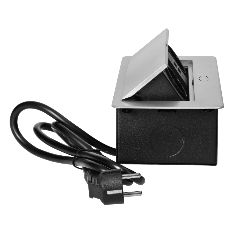 Recessed furniture sockets in a housing with a flat edge, USB charger and 1.5 m cable, 2x2P+E (Schuko), 2xUSB, silver