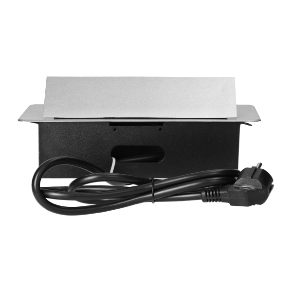 Gniazda meblowe wpuszczane w blat z płaskim frezowanym rantem, ładowarką USB i przewodem 1,5m, 2x2P+Z (Schuko), 2xUSB, srebrne