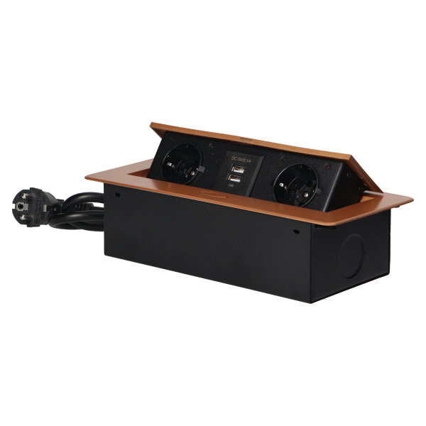 Gniazda meblowe wpuszczane w blat z płaskim frezowanym rantem, ładowarką USB i przewodem 1,5m, 2x2P+Z (Schuko), 2xUSB, złote