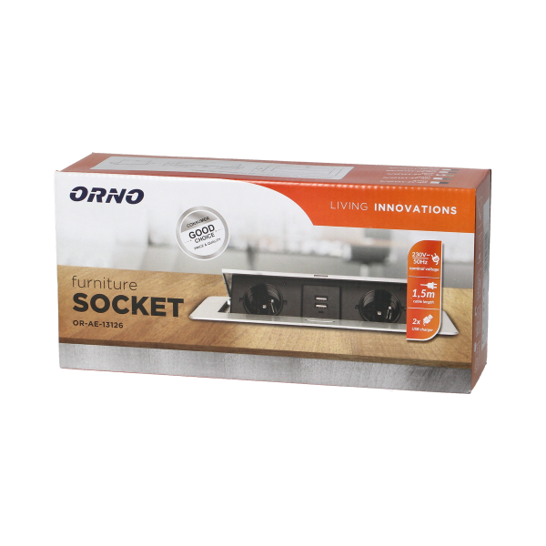 Gniazda meblowe wpuszczane w blat z płaskim frezowanym rantem, ładowarką USB i przewodem 1,5m, 2x2P+Z (Schuko), 2xUSB, złote