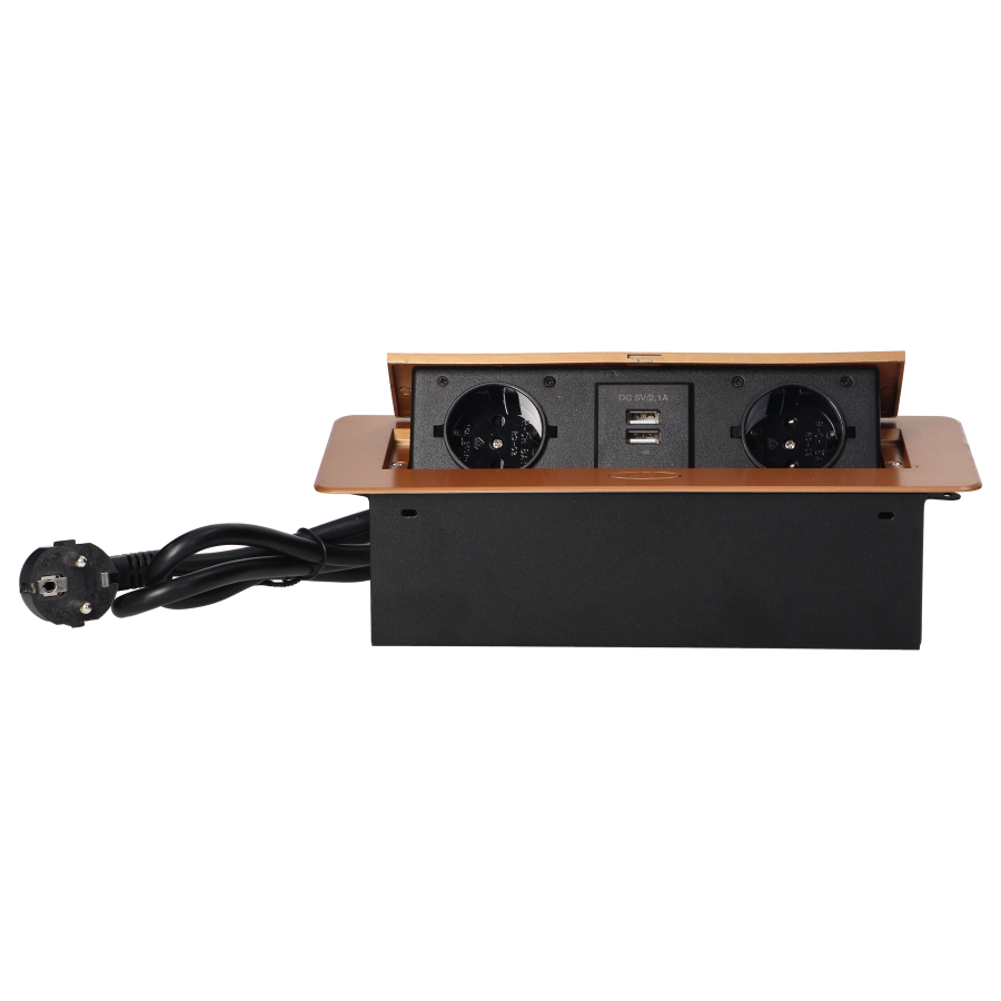 Recessed furniture sockets in a housing with a flat edge, USB charger and 1.5 m cable, 2x2P+E (Schuko), 2xUSB, gold