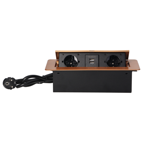 Recessed furniture sockets in a housing with a flat edge, USB charger and 1.5 m cable, 2x2P+E (Schuko), 2xUSB, gold