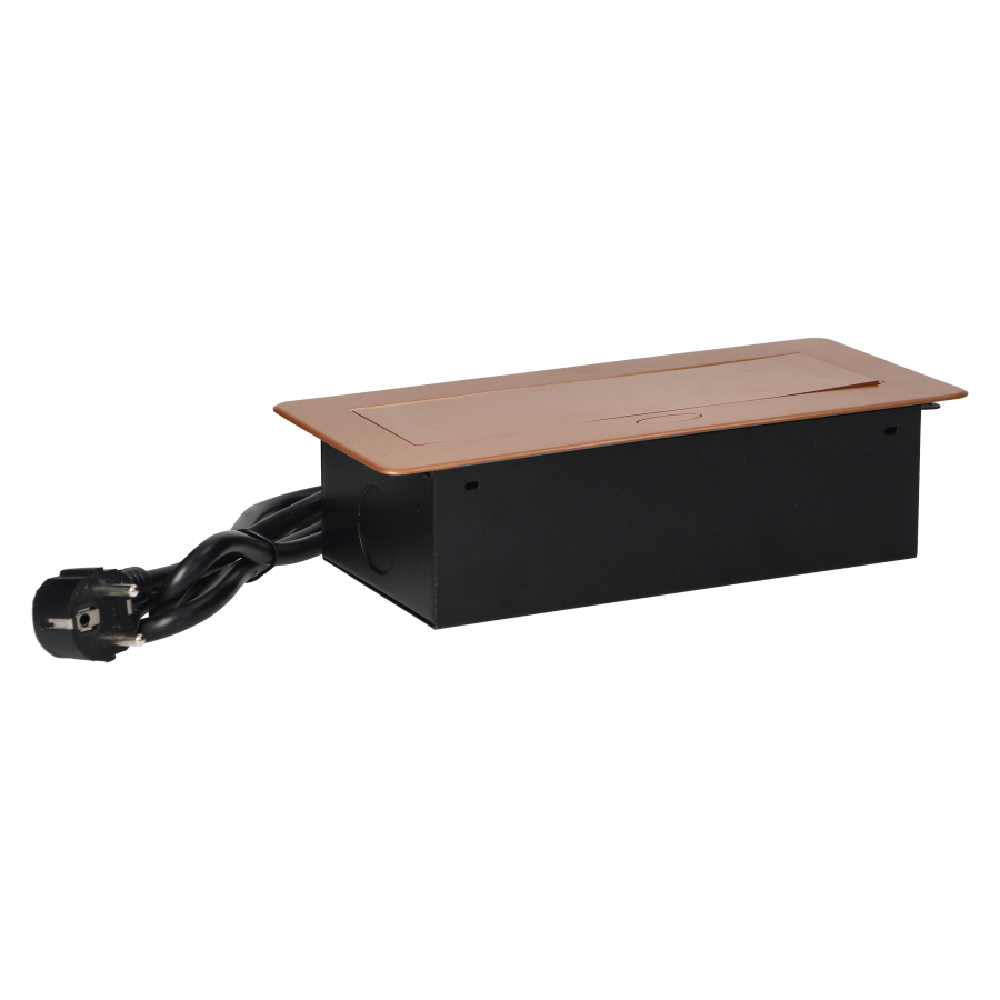 Gniazda meblowe wpuszczane w blat z płaskim frezowanym rantem, ładowarką USB i przewodem 1,5m, 2x2P+Z (Schuko), 2xUSB, złote