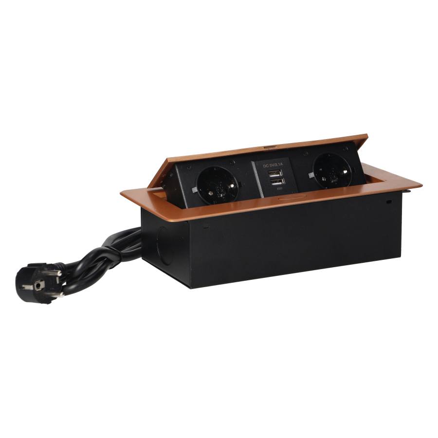 Gniazda meblowe wpuszczane w blat z płaskim frezowanym rantem, ładowarką USB i przewodem 1,5m, 2x2P+Z (Schuko), 2xUSB, złote