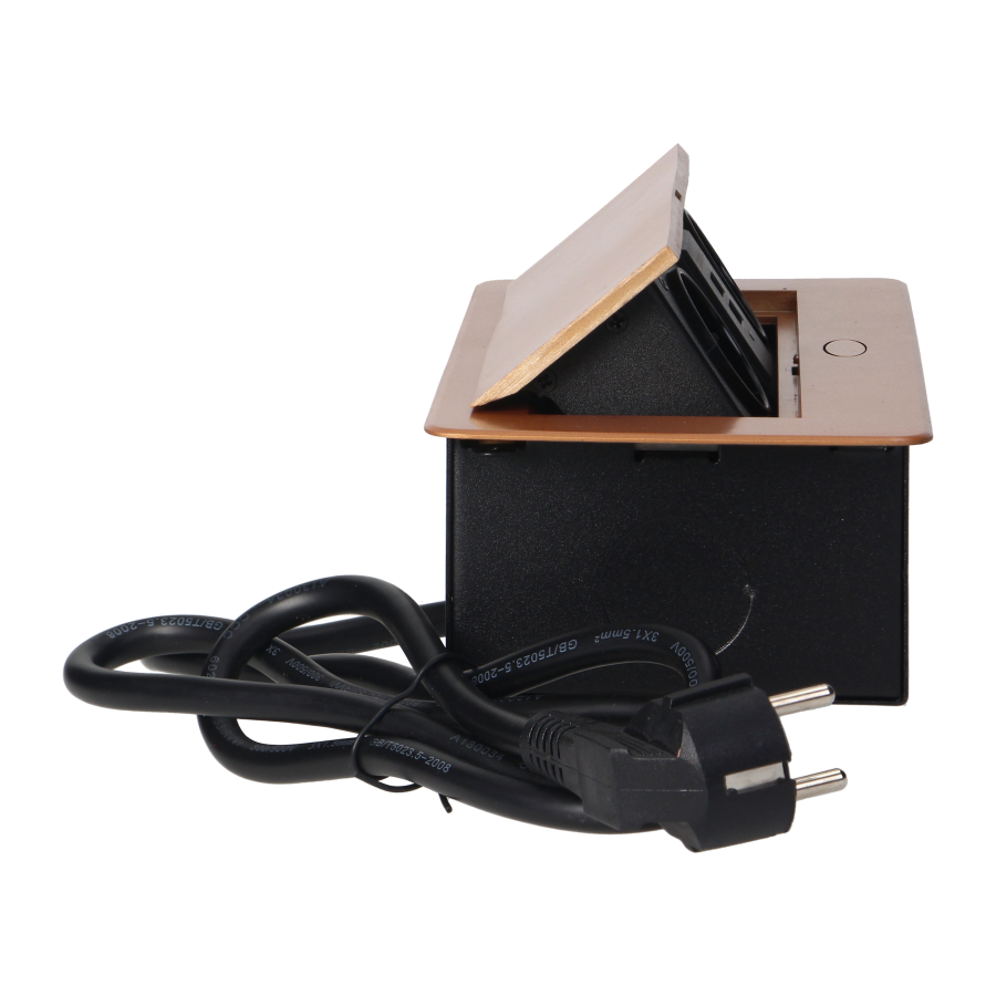 Gniazda meblowe wpuszczane w blat z płaskim frezowanym rantem, ładowarką USB i przewodem 1,5m, 2x2P+Z (Schuko), 2xUSB, złote
