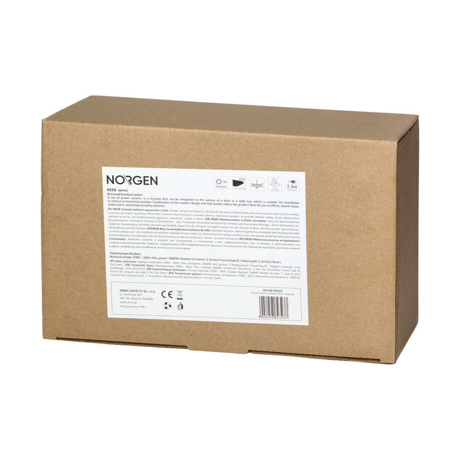 Gniazdo meblowe REDE, 3x2P+Z z przewodem 1,5m, czarne