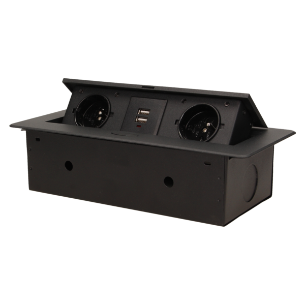 Flush-fitting furniture socket with two USB chargers, black