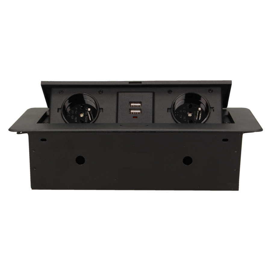 Flush-fitting furniture socket with two USB chargers, black