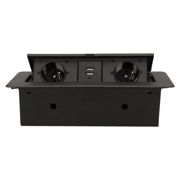 Flush-fitting furniture socket with two USB chargers, black