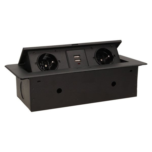 Flush-fitting furniture socket with two USB chargers, black