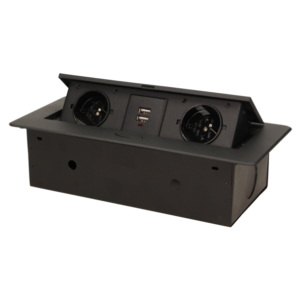 Flush-fitting furniture socket with two USB chargers, black