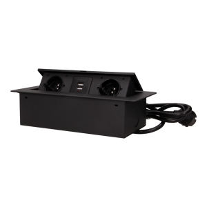 Flush-fitting furniture socket with two USB chargers and 1.5m cable, black