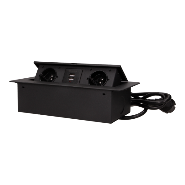Gniazdo meblowe wpuszczane w blat z płaskim frezowanym rantem, ładowarką USB i przewodem 1,5m, 2x2P+Z, 2xUSB, czarne