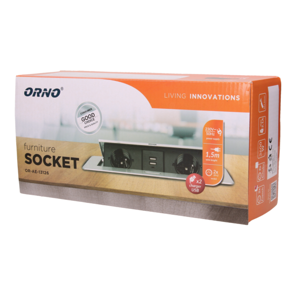 Gniazdo meblowe wpuszczane w blat z płaskim frezowanym rantem, ładowarką USB i przewodem 1,5m, 2x2P+Z, 2xUSB, czarne