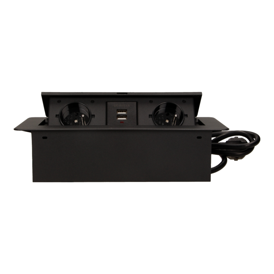 Gniazdo meblowe wpuszczane w blat z płaskim frezowanym rantem, ładowarką USB i przewodem 1,5m, 2x2P+Z, 2xUSB, czarne
