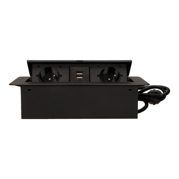 Flush-fitting furniture socket with two USB chargers and 1.5m cable, black