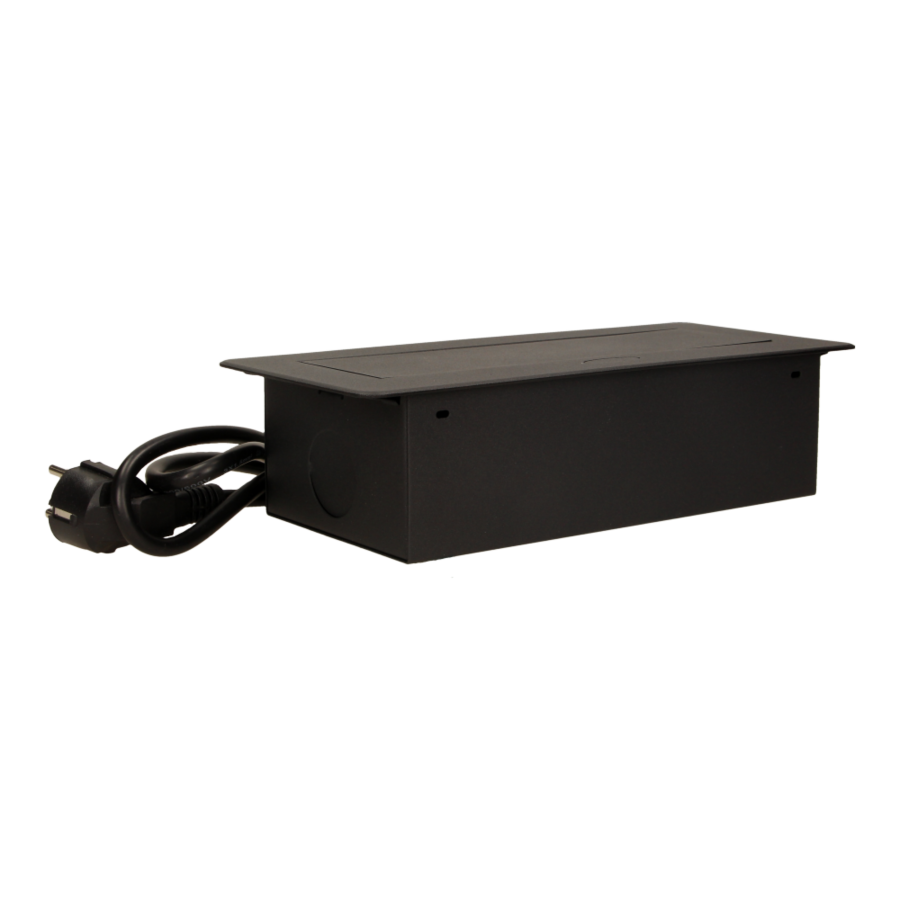 Gniazdo meblowe wpuszczane w blat z płaskim frezowanym rantem, ładowarką USB i przewodem 1,5m, 2x2P+Z, 2xUSB, czarne