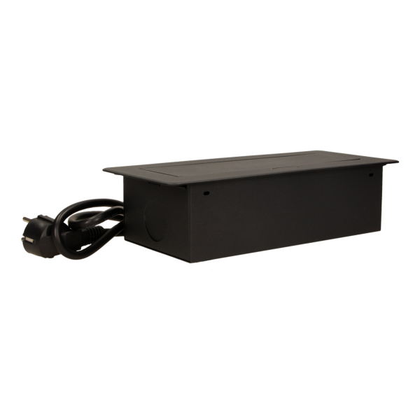Gniazdo meblowe wpuszczane w blat z płaskim frezowanym rantem, ładowarką USB i przewodem 1,5m, 2x2P+Z, 2xUSB, czarne