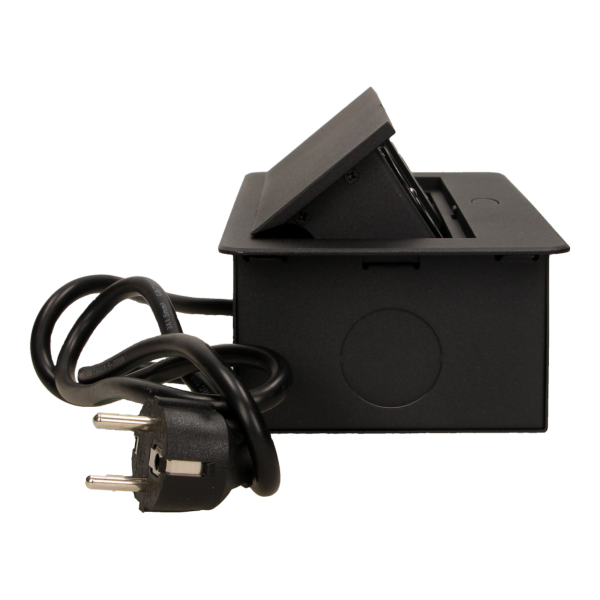 Gniazdo meblowe wpuszczane w blat z płaskim frezowanym rantem, ładowarką USB i przewodem 1,5m, 2x2P+Z, 2xUSB, czarne