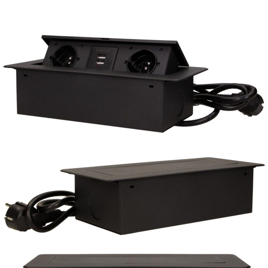 Flush-fitting furniture socket with two USB chargers and 1.5m cable, black