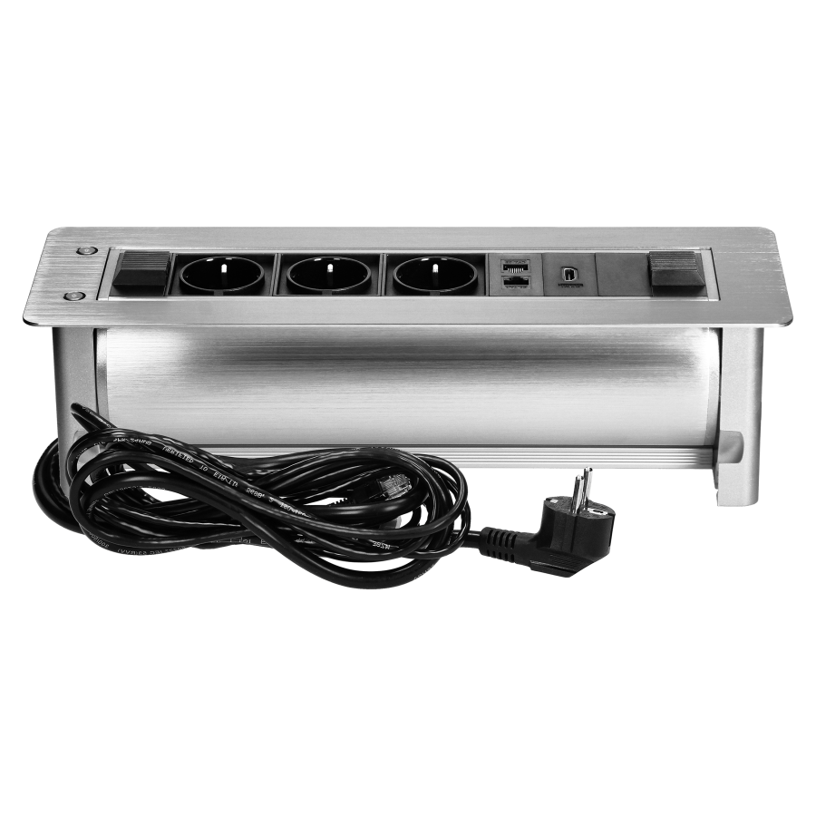 Gniazdo meblowe wpuszczane w blat z płaskim frezowanym rantem oraz elektrycznym otwieraniem, 3x2P+Z,2xNET,1xHDMI